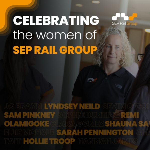 Women of SEP Rail Group celebrating achievements, group of women, workplace diversity, SEP Rail Group logo.