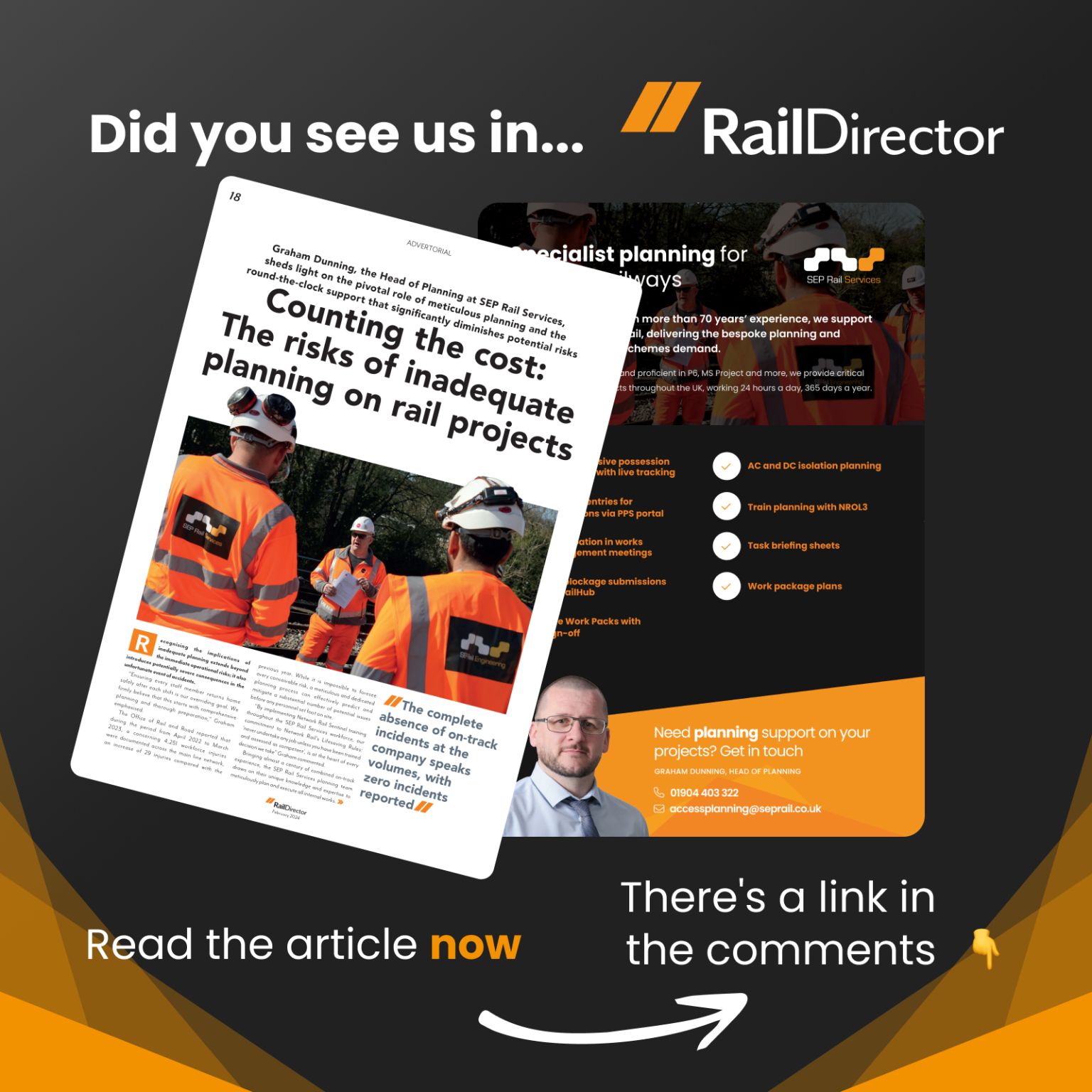 Promotional graphic featuring a magazine article titled "Counting the Cost: The risks of inadequate planning on rail projects" with SEP Rail Services logo and contact information. The image highlights workers in safety gear, emphasising the importance of meticulous planning in rail projects.