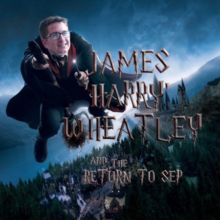 A person in a wizard outfit flying on a broomstick with a castle in the background and text reading "James 'Harry' Wheatley and the Return to SEP."