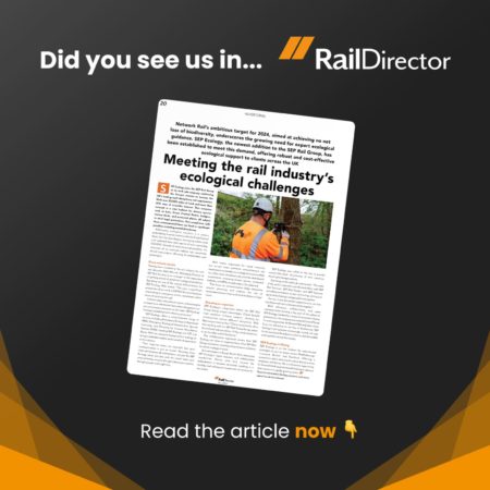 Promotional graphic highlighting an article in RailDirector magazine titled "Meeting the Rail Industry's Ecological Challenges" with an image of a worker inspecting a tree in a rail setting.