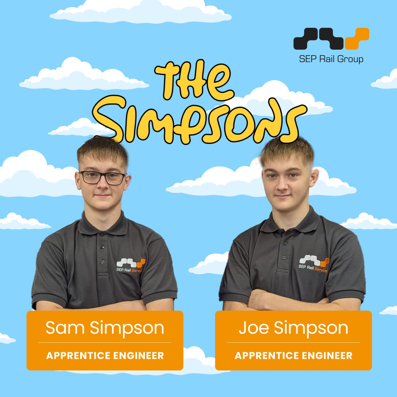 Two young men wearing SEP Rail Services polo shirts, standing in front of a blue sky background with clouds. The words "The Simpsons" are displayed above them.