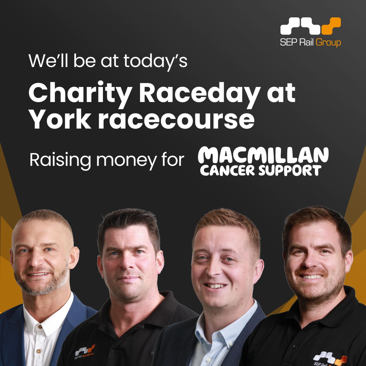 Andy Oliver, Rikki Morrow, Paul Bolton and James Morrow, SEP Rail Group logo, Charity Raceday at York Racecourse, raising money for Macmillan Cancer Support.