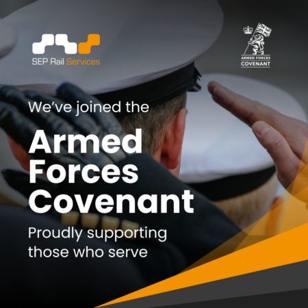 Image of a military person saluting, showcasing SEP Rail Services' commitment to the Armed Forces Covenant, with supportive text and logos displayed prominently.