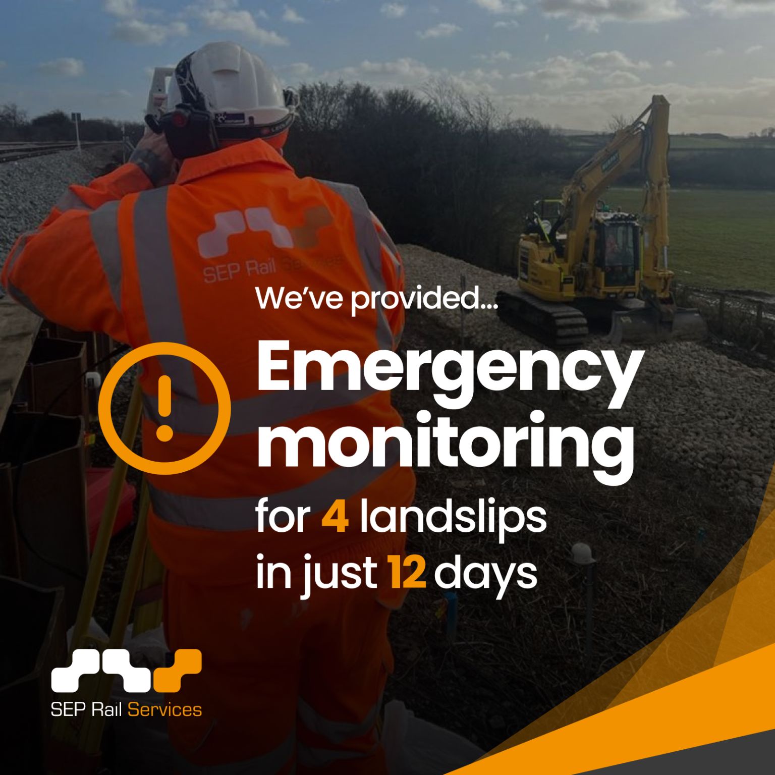 SEP Rail Services worker conducting emergency landslip monitoring with equipment on a railway track next to an excavator.